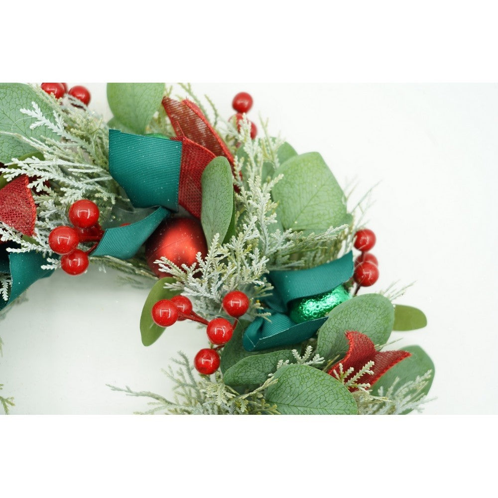 Coroniță de Crăciun pentru Ușă, Brad Artificial Decorat, Rezistentă la Intemperii, Interior și Exterior, PVC, Verde și Roșu, 40 cm
