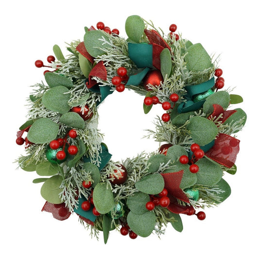 Coroniță de Crăciun pentru Ușă, Brad Artificial Decorat, Rezistentă la Intemperii, Interior și Exterior, PVC, Verde și Roșu, 40 cm