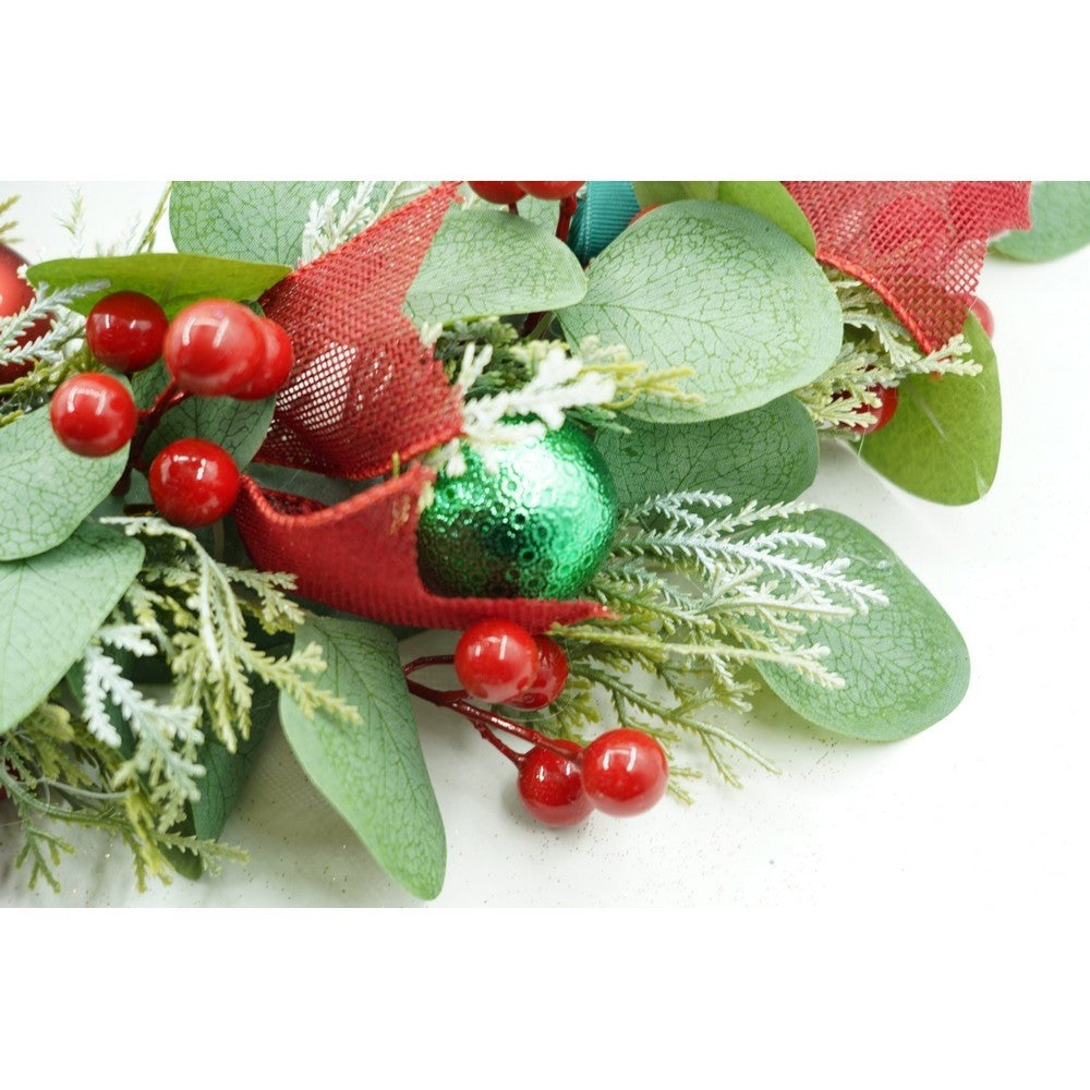 Coroniță de Crăciun pentru Ușă, Brad Artificial Decorat, Rezistentă la Intemperii, Interior și Exterior, PVC, Verde și Roșu, 40 cm