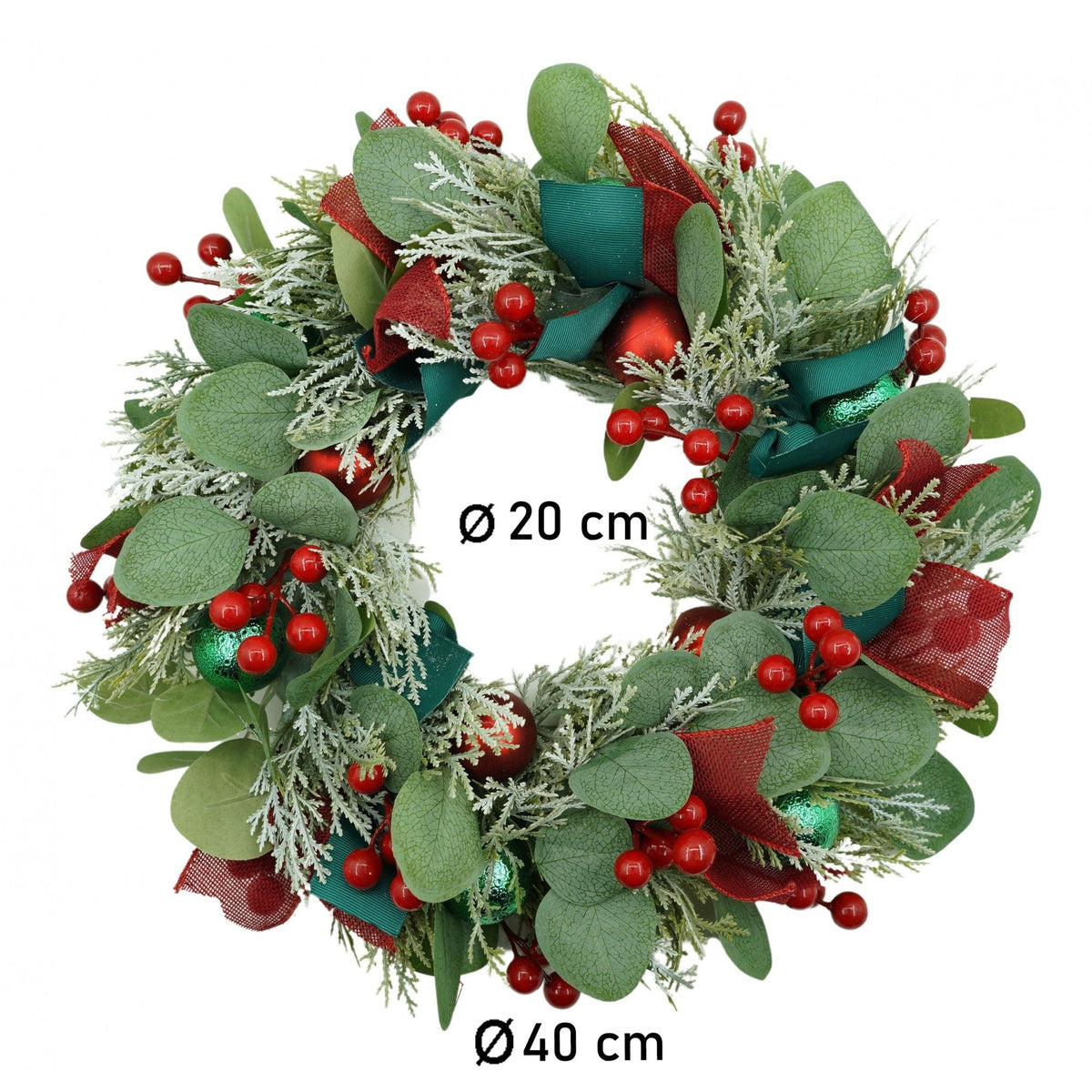 Coroniță de Crăciun pentru Ușă, Brad Artificial Decorat, Rezistentă la Intemperii, Interior și Exterior, PVC, Verde și Roșu, 40 cm