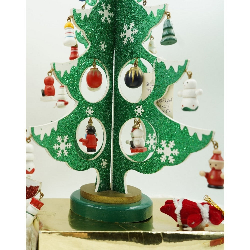 Brad De Craciun Decorativ, 8 Cavitati Cu Ornamente Detasabile, Structura Din Lemn, Verde Si Alb, 18.5 x 33 cm