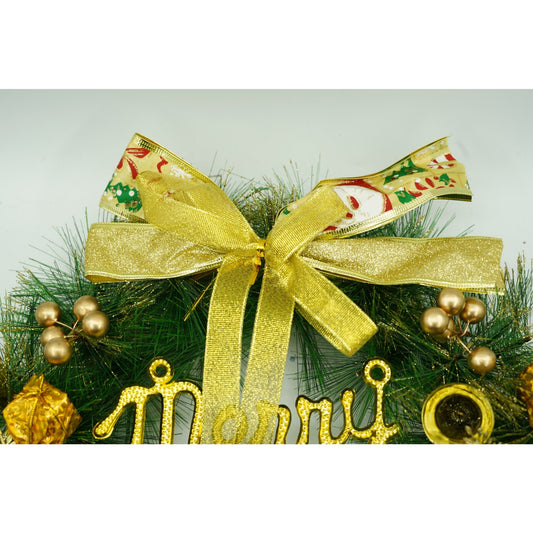 Coronita de Craciun Artificiala pentru Usa, Decorata cu Ornamente Aurii, Material PVC, Utilizare Interior si Exterior, Verde si Auriu, 40 cm