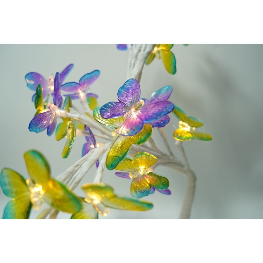Decoratiune Luminoasa Tip Copac Cu 24 Fluturi Led, Inaltime 45 cm, Alimentare USB Sau 3 Baterii AA, Lumina Alba Calda, Alb/Roz