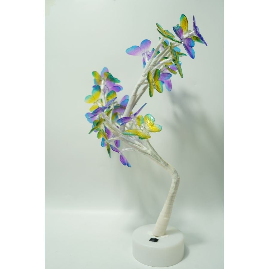 Decoratiune Luminoasa Tip Copac Cu 24 Fluturi Led, Inaltime 45 cm, Alimentare USB Sau 3 Baterii AA, Lumina Alba Calda, Alb/Roz