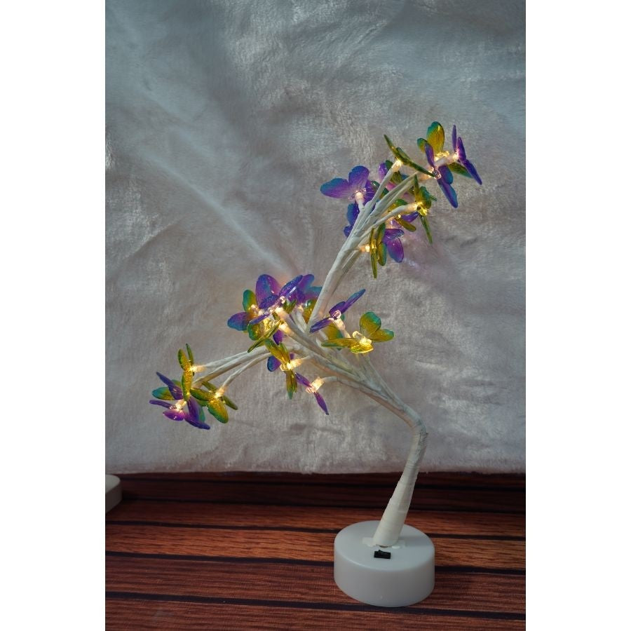 Decoratiune Luminoasa Tip Copac Cu 24 Fluturi Led, Inaltime 45 cm, Alimentare USB Sau 3 Baterii AA, Lumina Alba Calda, Alb/Roz