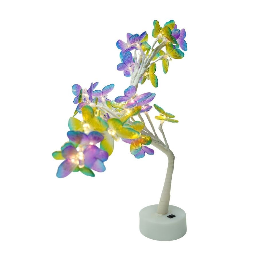 Decoratiune Luminoasa Tip Copac Cu 24 Fluturi Led, Inaltime 45 cm, Alimentare USB Sau 3 Baterii AA, Lumina Alba Calda, Alb/Roz