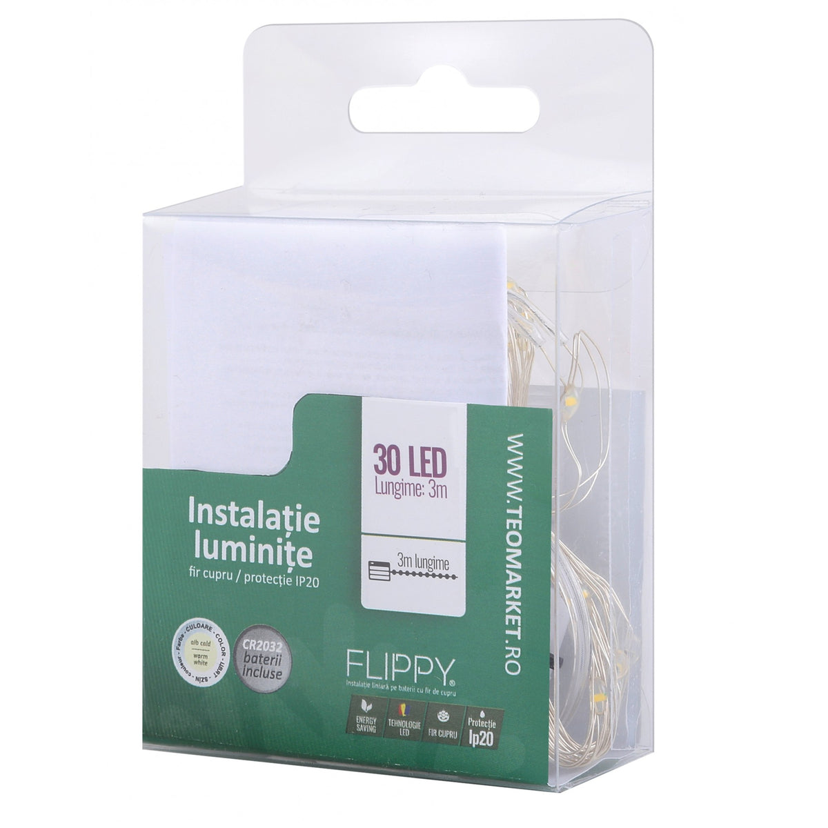 Instalatie Craciun Liniara cu 30 LED-uri, Functie Flash si Fir Cupru Modelabil, Alimentare 3 Baterii AG13, Protectie IP20, 3 m, Alb Cald