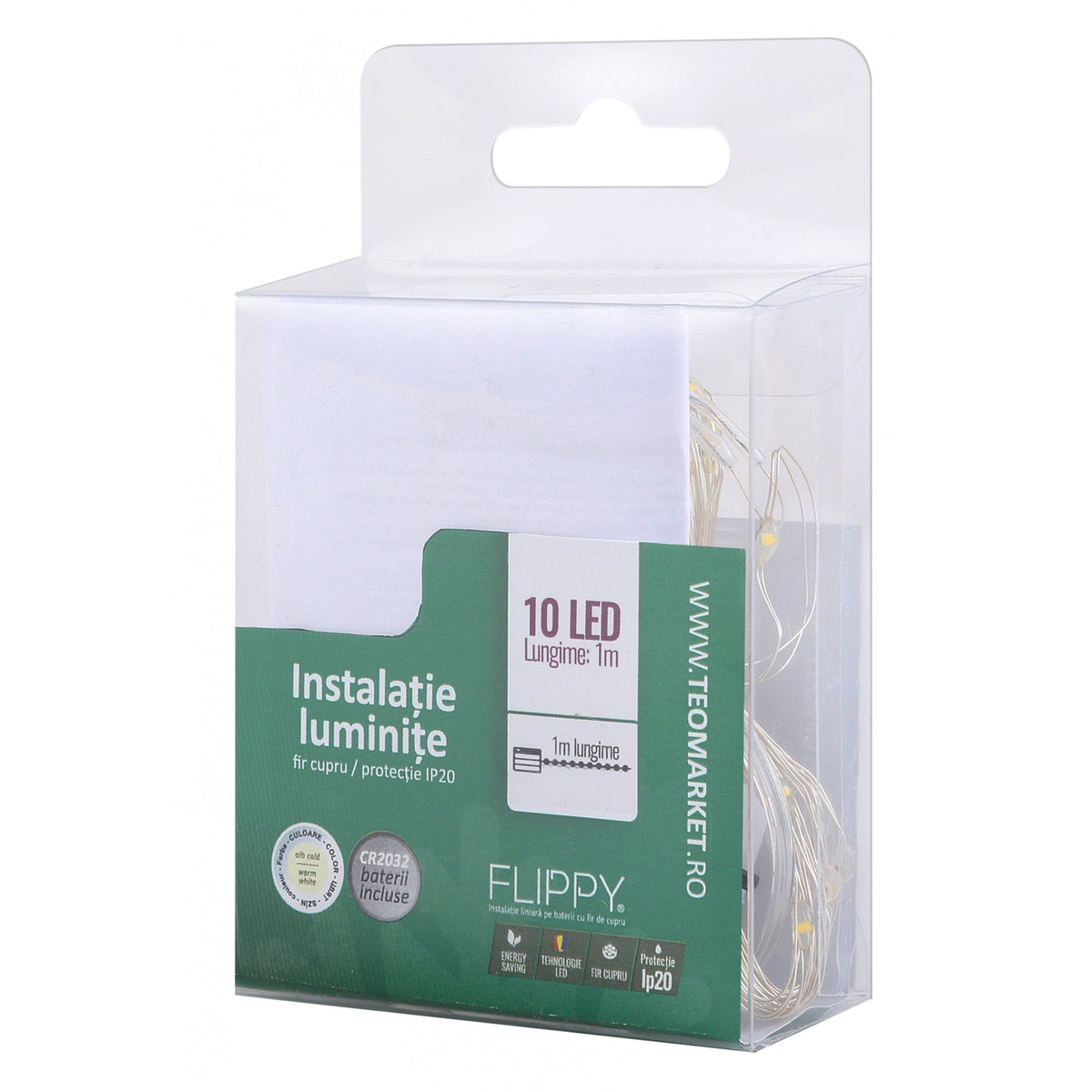 Instalatie Craciun Liniara, 10 LED-uri, Alimentare Baterii, Fir Cupru Anti-Inghet, Interior si Exterior, 1 m, Alb Cald
