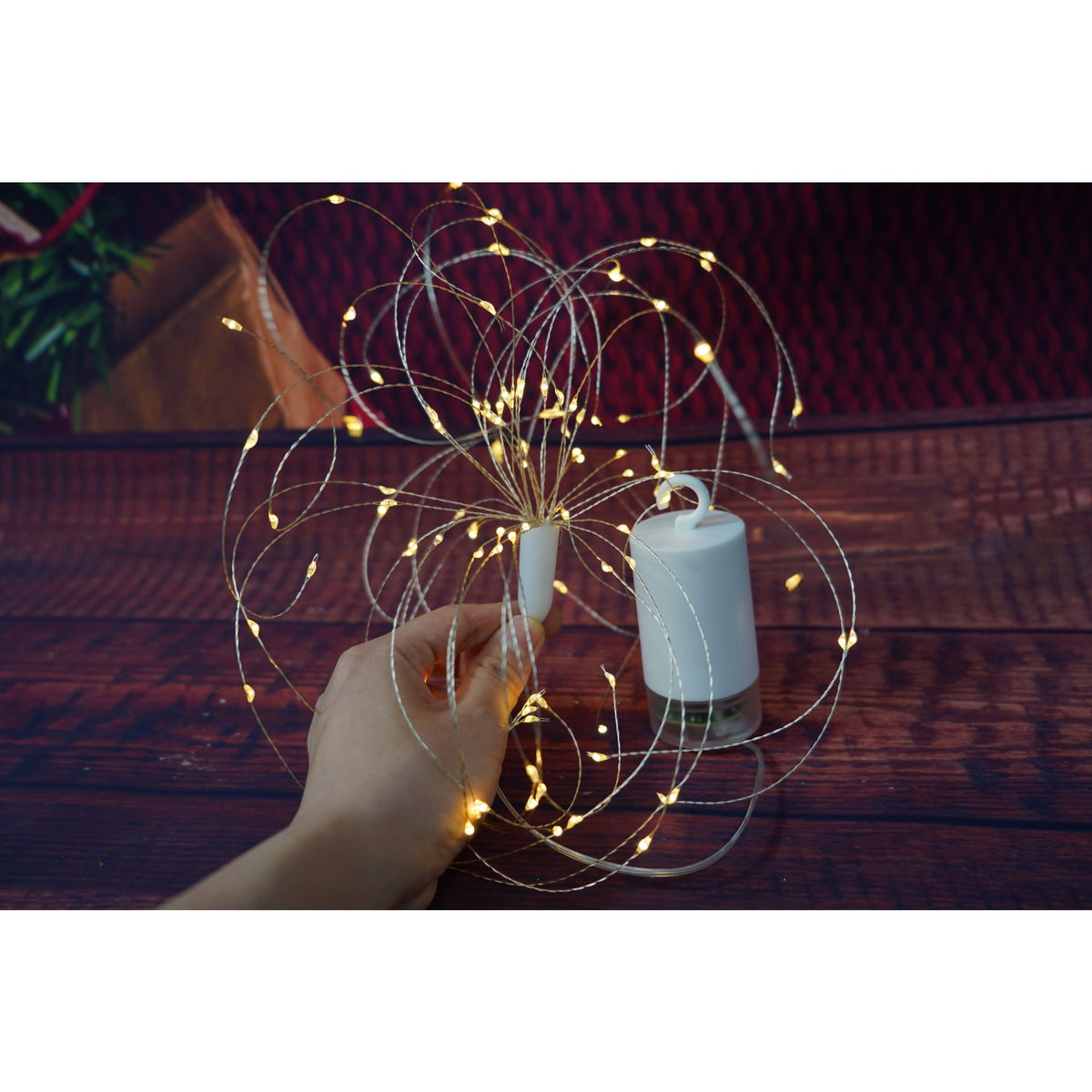 Instalatie Craciun Artificii, 120 LED-uri, Telecomanda 8 Functii, Alimentare Baterii, Fir Cupru Flexibil, Alb Cald