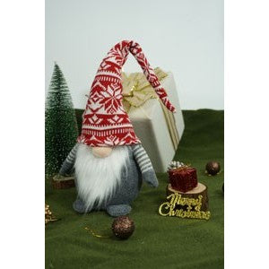 Gnom De Craciun, Ornament Figurina Spiridus Scandinav Cu Caciula Rosie, Material Textil Moale, Rosu Si Gri, 45 cm