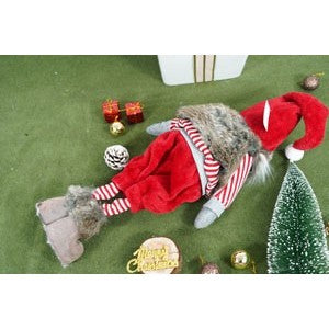 Gnom de Craciun, Ornament Decorativ Tip Spiridus Scandinav, Figurina pentru Podea cu Vesta din Blanita, Material Textil Moale, Inaltime 74 cm, Rosu si Gri