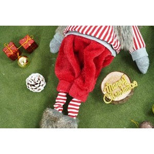 Gnom de Craciun, Ornament Decorativ Tip Spiridus Scandinav, Figurina pentru Podea cu Vesta din Blanita, Material Textil Moale, Inaltime 74 cm, Rosu si Gri