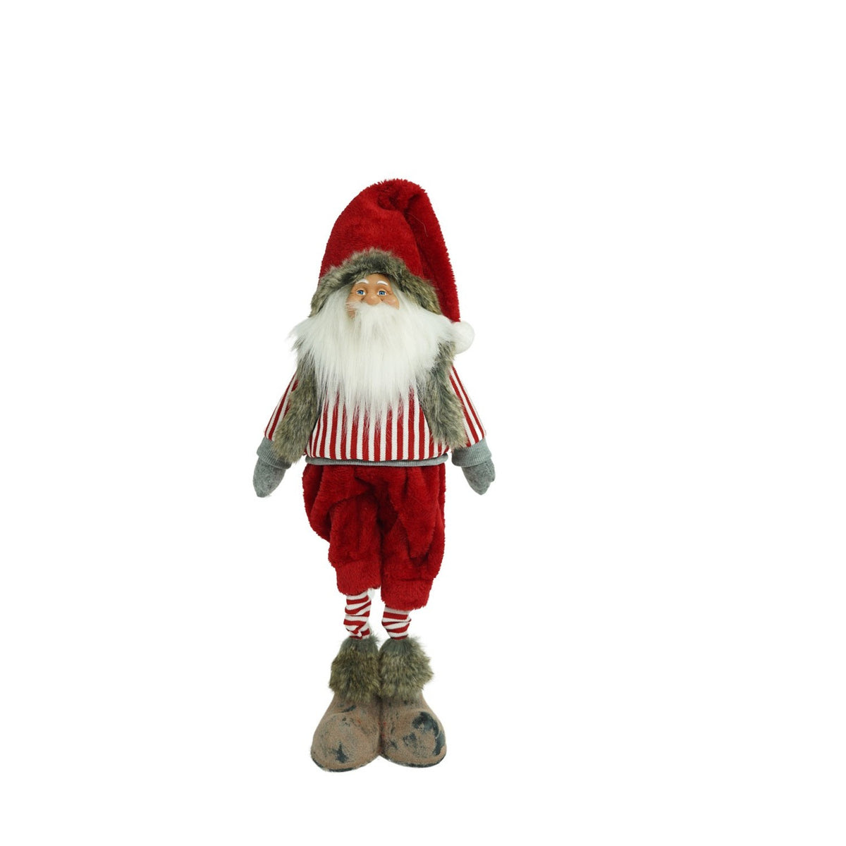 Gnom de Craciun, Ornament Decorativ Tip Spiridus Scandinav, Figurina pentru Podea cu Vesta din Blanita, Material Textil Moale, Inaltime 74 cm, Rosu si Gri