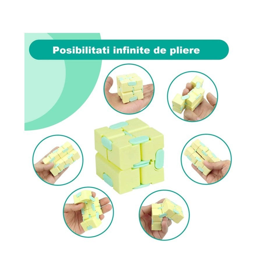 Cub Antistres Infinity Magic Cube, Jucarie Fidget Pentru Concentrare, Plastic ABS, Galben/Albastru, 4x4x4 cm