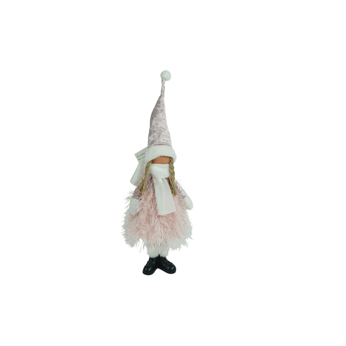 Decoratiune Craciun Papusa Fetita, Figurina Festiva Stativa cu Caciula Giganta, Material Textil Moale, Roz si Alb, 44 cm