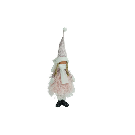 Decoratiune Craciun Papusa Fetita, Figurina Festiva Stativa cu Caciula Giganta, Material Textil Moale, Roz si Alb, 44 cm