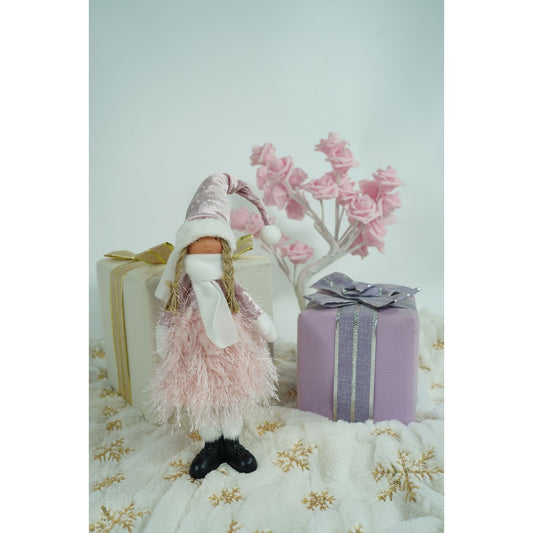 Decoratiune Craciun Papusa Fetita, Figurina Festiva Stativa cu Caciula Giganta, Material Textil Moale, Roz si Alb, 44 cm