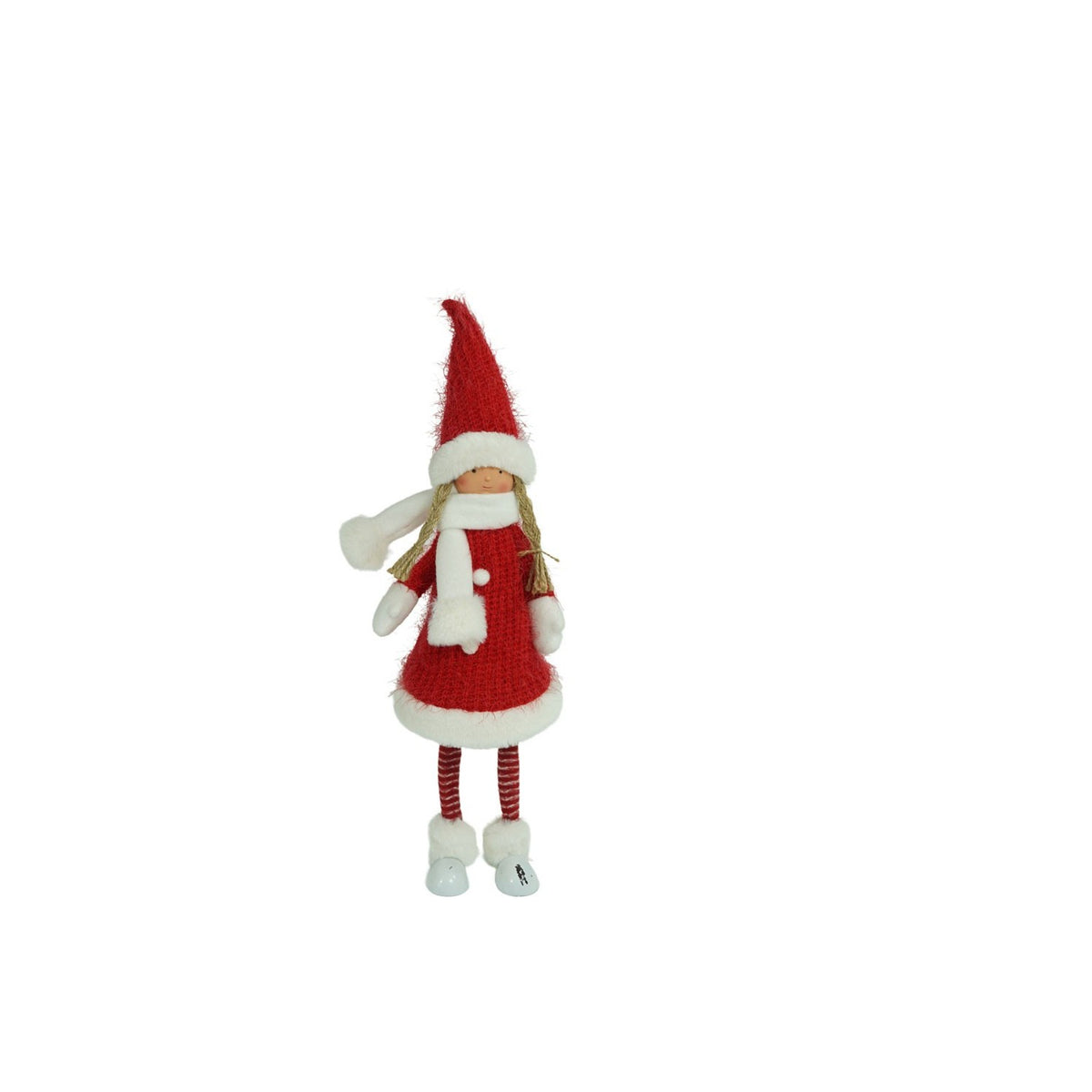 Decoratiune Craciun Papusa Fetita, Figurina Stativa cu Caciula Gigant si Fular, Material Textil Moale, Rosu si Alb, 52 cm