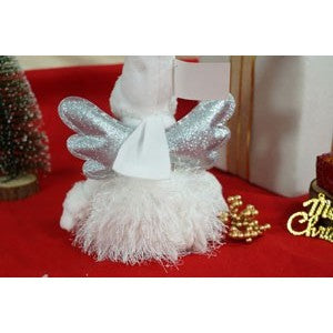 Decoratiune Craciun Ingeras, Figurina Textila Fetita cu Caciula Modelabila, Statueta Decorativa pentru Pozitie Sezut, Alb si Gri, 51 cm