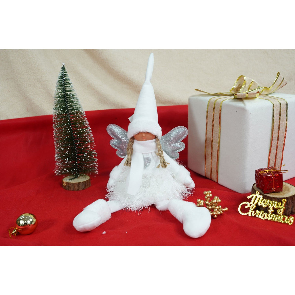 Decoratiune Craciun Ingeras, Figurina Textila Fetita cu Caciula Modelabila, Statueta Decorativa pentru Pozitie Sezut, Alb si Gri, 51 cm