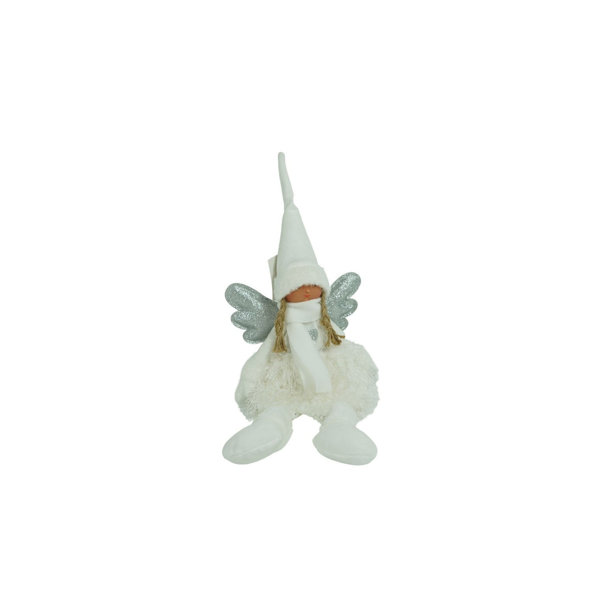 Decoratiune Craciun Ingeras, Figurina Textila Fetita cu Caciula Modelabila, Statueta Decorativa pentru Pozitie Sezut, Alb si Gri, 51 cm