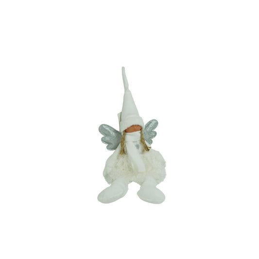 Decoratiune Craciun Ingeras, Figurina Textila Fetita cu Caciula Modelabila, Statueta Decorativa pentru Pozitie Sezut, Alb si Gri, 51 cm