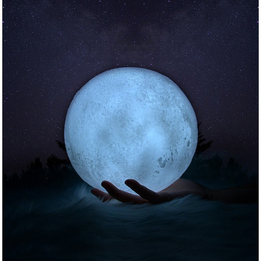Lampa de Veghe 3D Moon Light, Design Luna Realista, Lumina LED Multicolora, 7 Culori cu Senzor Tactil, Stativ Inclus, 18 cm