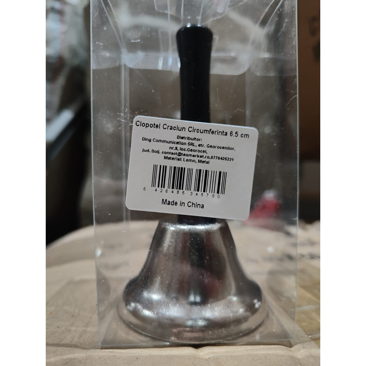 Clopotel de Craciun din Metal, Maner din Lemn, Sunet Puternic, Accesoriu Costum Mos Craciun, Inaltime 12 cm, Diametru 6.5 cm, Argintiu
