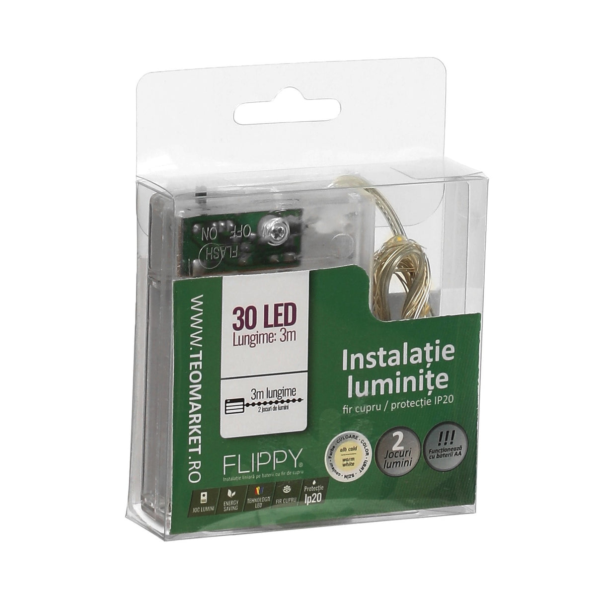 Instalatie De Craciun Tip Liniar Cu Baterii, 2 Functii Iluminat, Fir Flexibil Din Cupru, 3 m, 30 LED-uri, Alb Cald