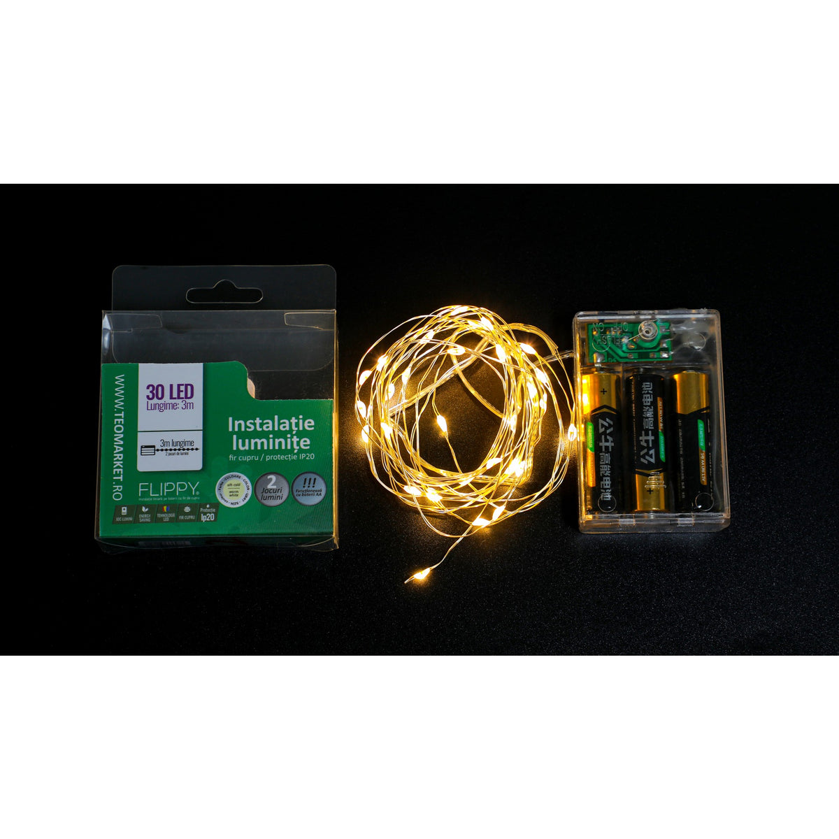 Instalatie De Craciun Tip Liniar Cu Baterii, 2 Functii Iluminat, Fir Flexibil Din Cupru, 3 m, 30 LED-uri, Alb Cald