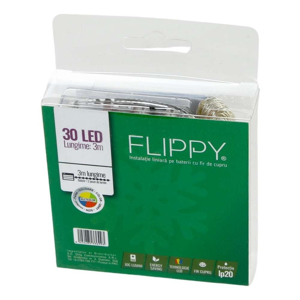 Instalatie De Craciun Liniara, 30 LED-uri Cu Baterii si 2 Functii Flash, Fir Din Cupru Flexibil, 3 m, Multicolor