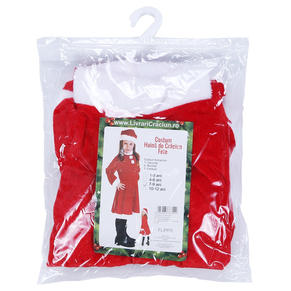 Costum Craciunita pentru Fete, Set Rochie de Craciun cu Caciula si Centura, Material Catifea Moale, 3 Piese, Rosu, Marime 7-9 Ani