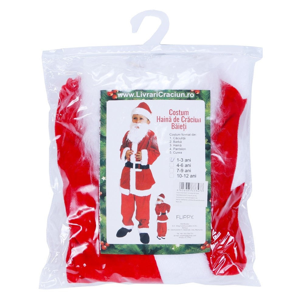 Costum Mos Craciun Pentru Baieti, Set Complet 5 Piese Cu Barba Si Curea, Catifea Moale, Rosu/Alb, Varsta 1-3 Ani, Inaltime 63 cm