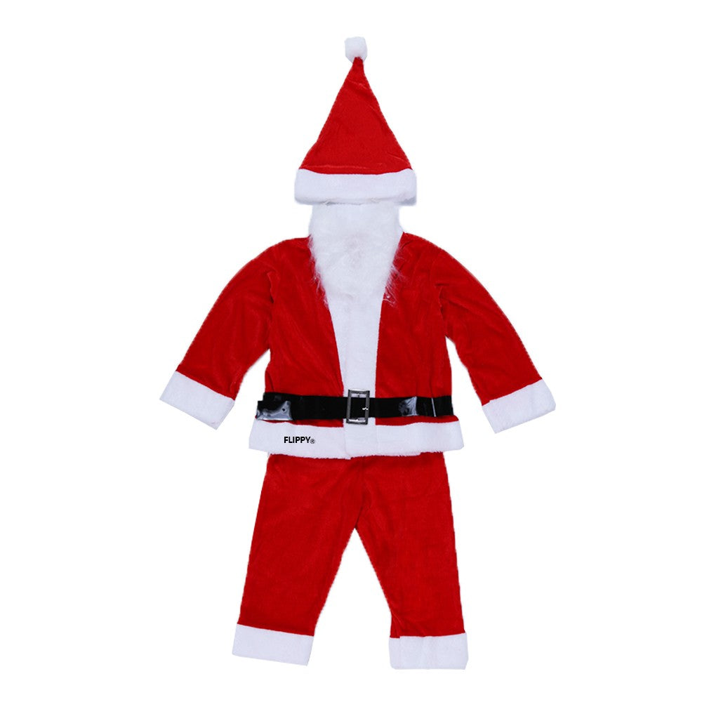 Costum Mos Craciun Pentru Baieti, Set Complet 5 Piese Cu Barba Si Curea, Catifea Moale, Rosu/Alb, Varsta 1-3 Ani, Inaltime 63 cm