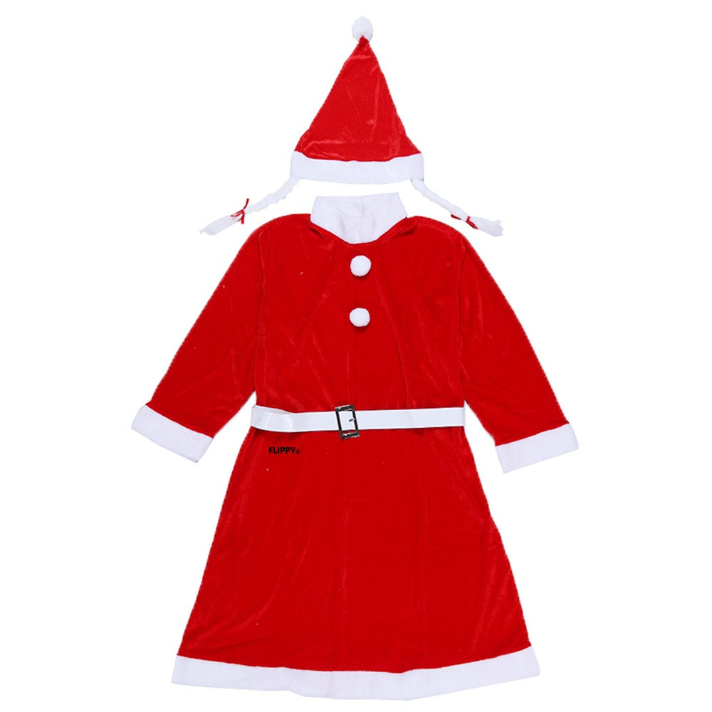 Costum Craciunita pentru Femei, Set Complet de Craciun, Catifea din Poliester, Include Rochie, Caciula si Curea, Rosu, 3 Piese