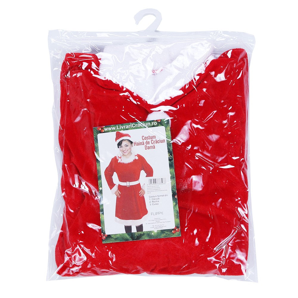 Costum Craciunita pentru Femei, Set Complet de Craciun, Catifea din Poliester, Include Rochie, Caciula si Curea, Rosu, 3 Piese