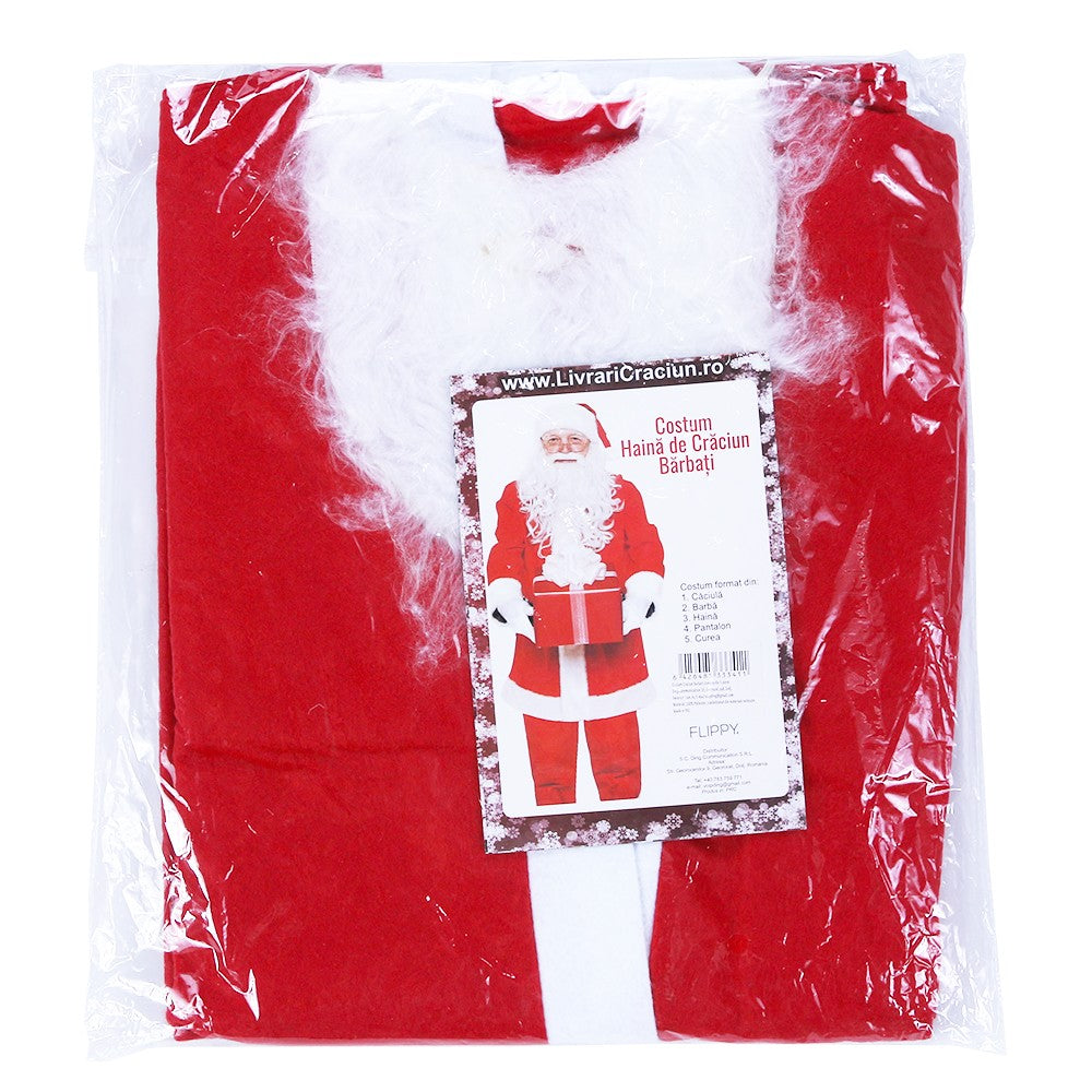 Costum Mos Craciun Pentru Barbati si Adulti, Set Complet 5 Piese, Material Polar Moale, Include Caciula, Barba, Curea, Haina si Pantaloni, Rosu, Marime Universala