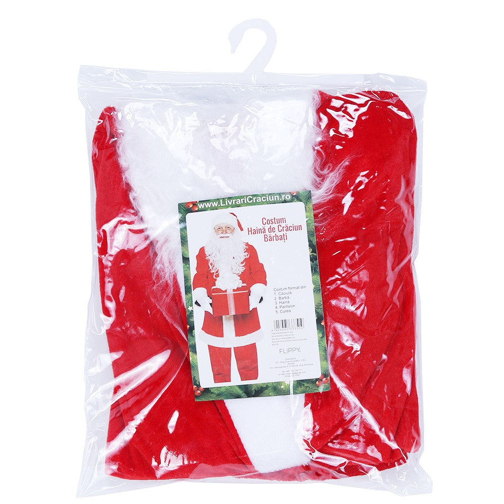 Costum Mos Craciun Pentru Barbati Si Adulti, Set Complet Accesorii Sarbatori, Catifea Din Poliester, 5 Piese Include Barba Si Caciula, Rosu, Marime Universala