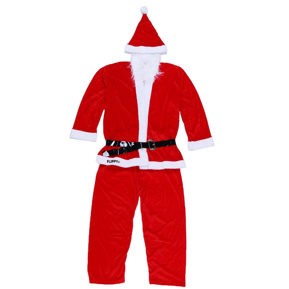 Costum Mos Craciun Pentru Barbati Si Adulti, Set Complet Accesorii Sarbatori, Catifea Din Poliester, 5 Piese Include Barba Si Caciula, Rosu, Marime Universala