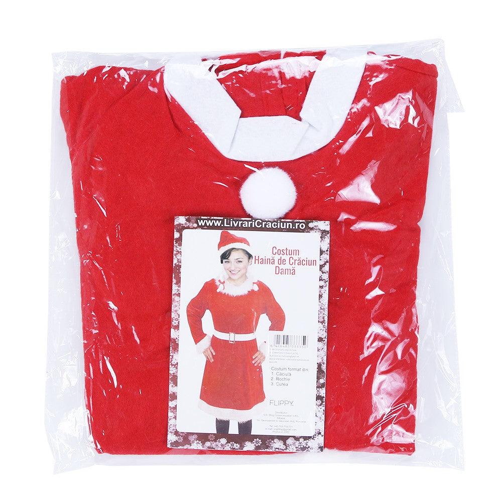 Costum Craciunita pentru Femei, Rochie de Craciun cu Accesorii, Material Polar Moale, 3 Piese, Include Caciula si Centura, Rosu, Marime Universala Adulti