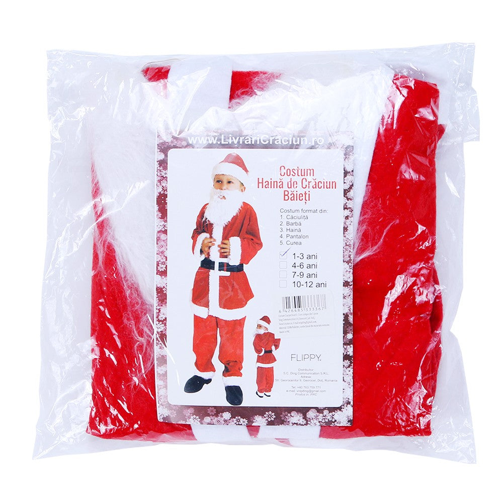 Costum Mos Craciun pentru Baieti, Set Tematic de Craciun, Polar Calduros, Include Caciula, Barba, Curea, Pantaloni si Haina, 5 Piese, Rosu, 1-3 Ani