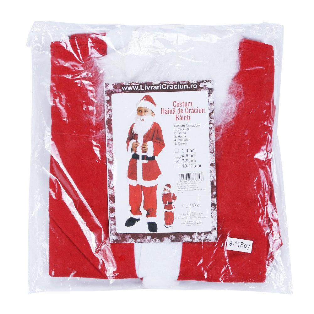 Costum Mos Craciun Pentru Baieti, Set Complet 5 Piese Cu Barba Si Caciula, Material Polar, Rosu, Marime 7-9 Ani