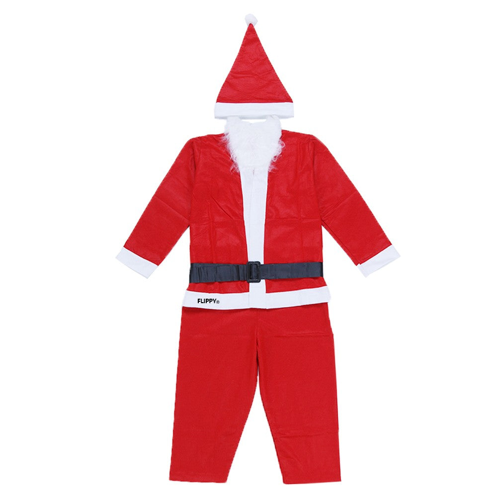 Costum Mos Craciun Pentru Baieti, Set Complet 5 Piese Cu Barba Si Caciula, Material Polar, Rosu, Marime 7-9 Ani