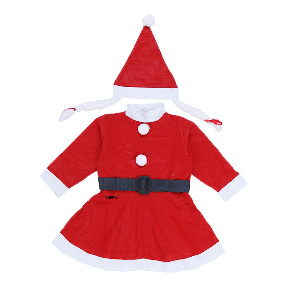 Costum Craciunita pentru Fete, Set de Craciun cu Rochita, Caciulita si Centura, Material Polar Moale, 3 Piese, Rosu, Varsta 1-3 Ani