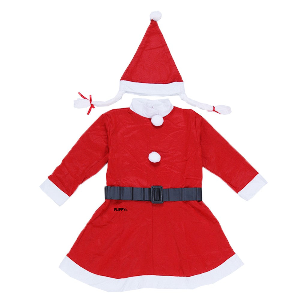 Costum Craciunita pentru Fete, Rochita cu Caciula si Centura, Material Polar Moale, Rosu, Set 3 Piese, Marime 4-6 Ani