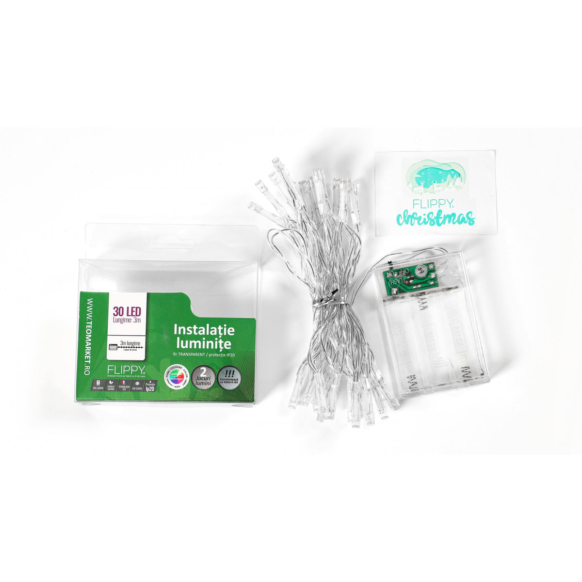 Instalatie de Craciun Tip Liniar, Sir luminos cu Baterii, 2 Functii cu Flash, Fir de Cupru Transparent, 3 m, 30 LED-uri, Multicolor
