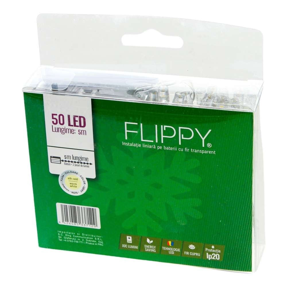 Instalatie Craciun cu Baterii Tip Liniar, 50 LED-uri cu Functie Flash, Fir Transparent Cupru, Interior, 5 m, Alb Cald