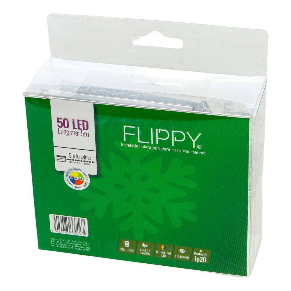 Instalatie de Craciun Tip Liniar, 50 LED-uri, 2 Moduri de Iluminare, Functionare pe Baterii, Fir Transparent, 5 m, Multicolor