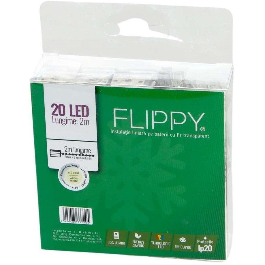 Instalatie de Craciun Tip Liniar, 20 LED-uri cu Functie Flash, Alimentare pe Baterii, Fir Transparent din Cupru, 2 m, Alb Cald