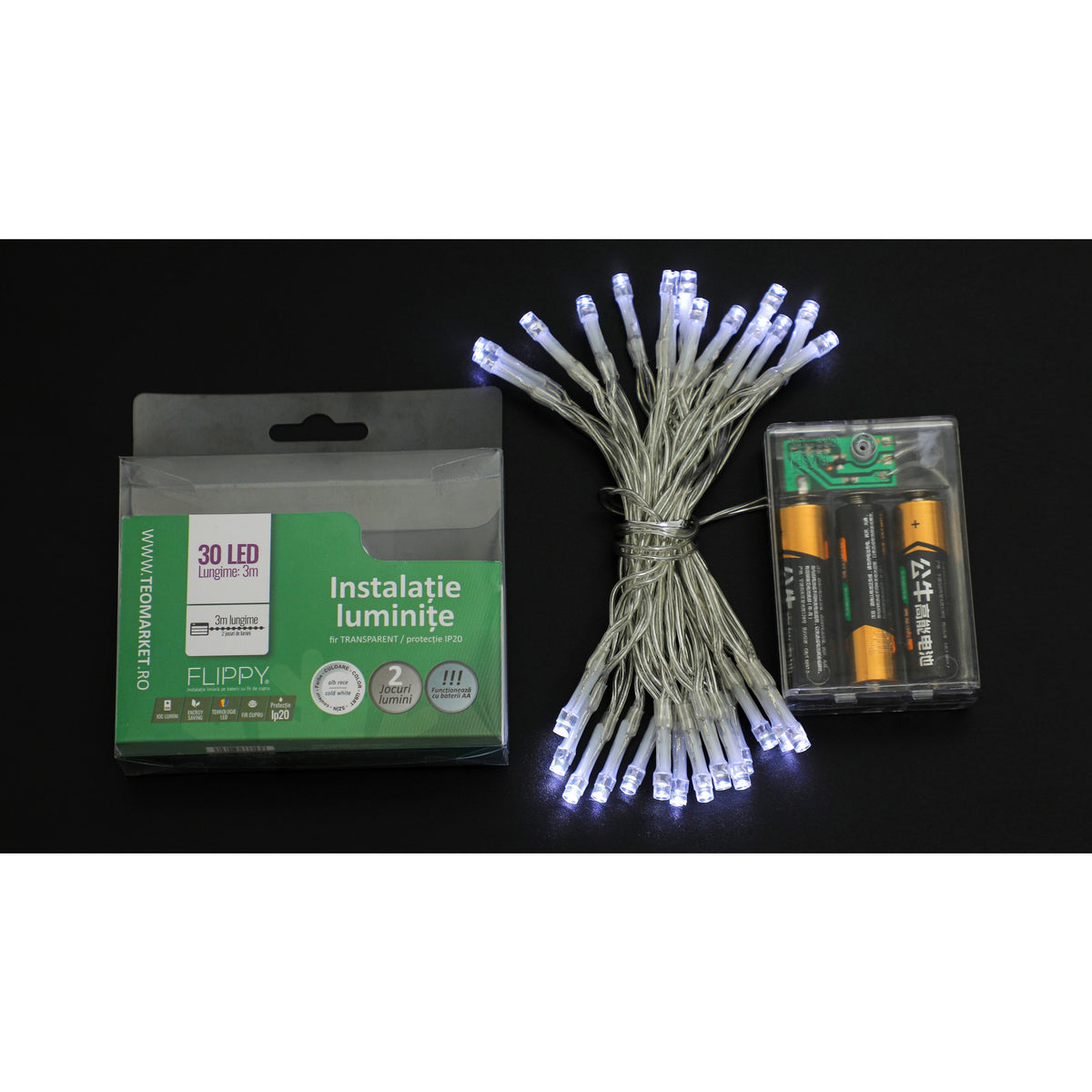 Instalatie de Craciun Tip Liniar, 30 LED-uri, 2 Moduri de Iluminare, Alimentare cu Baterii, Fir Transparent, 3 m, Alb Rece